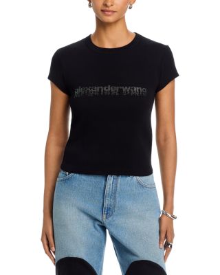 Ribbed Knit Rhinestone Logo Crewneck Tee