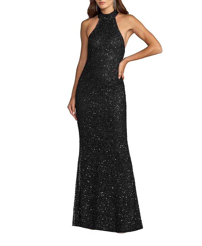Mac Duggal Embellished Halter Neck Open Back Column Gown