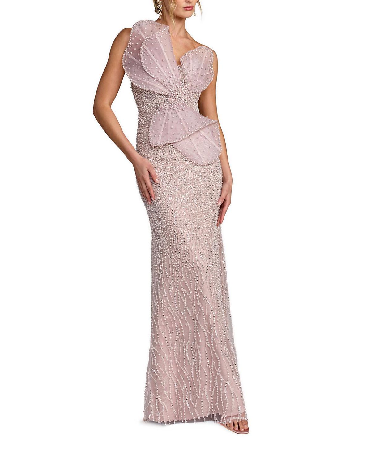 Mac Duggal Sequin Organza Strapless Bow Detail Column Gown