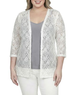 Plus 3/4 Sleeve Sequin Embroidered Floral Lace Cardigan