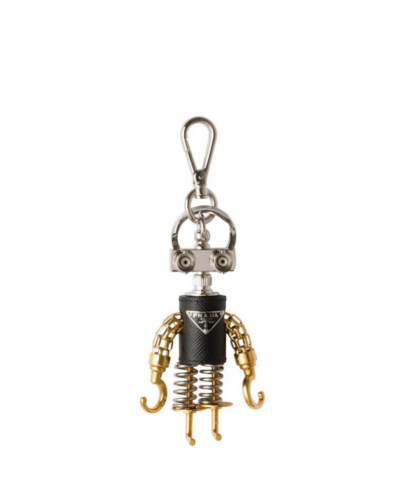 Prada Robot Saffiano Leather Keychain Charm in Gold/Silver