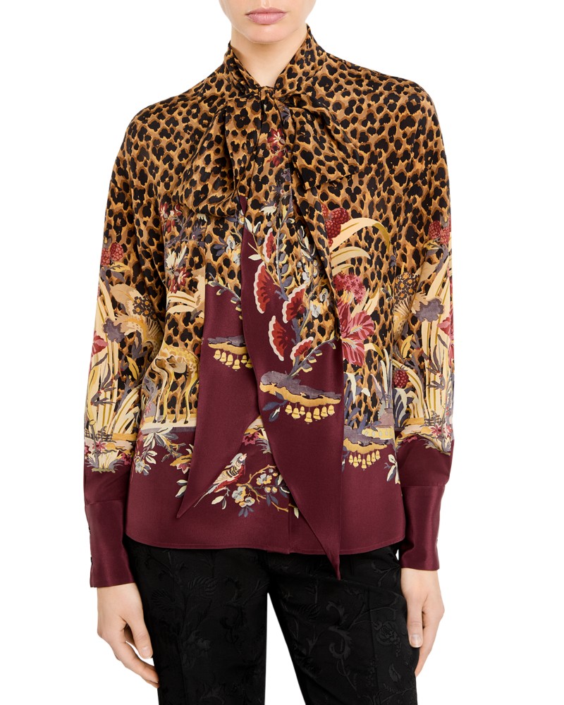 Etro Silk Tie Neck Shirt in Printed Bordeaux