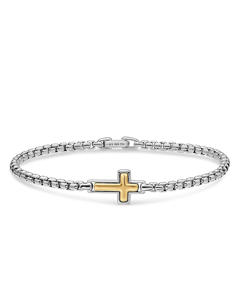 Men's Cross Station Bracelet in Sterling Silver with 14K Yellow Gold, 3.6mm