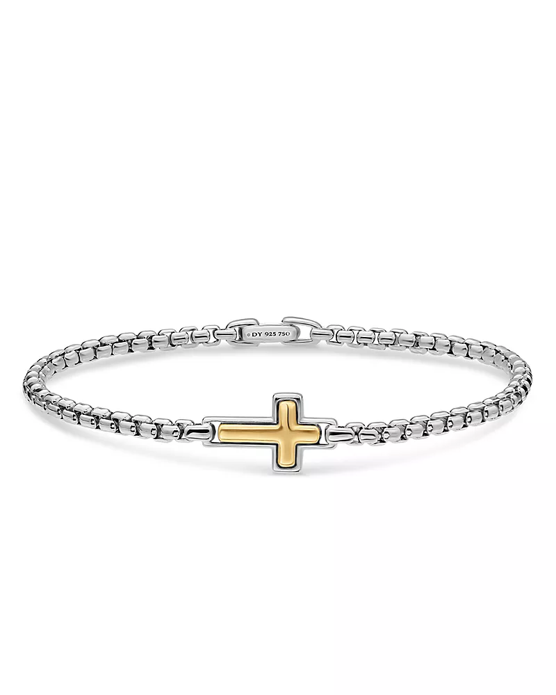 Men's Cross Station Bracelet in Sterling Silver with 14K Yellow Gold, 3.6mm