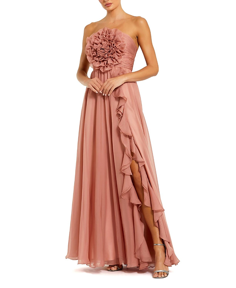 Mac Duggal Strapless Chiffon Gown With Oversized 3D Flower