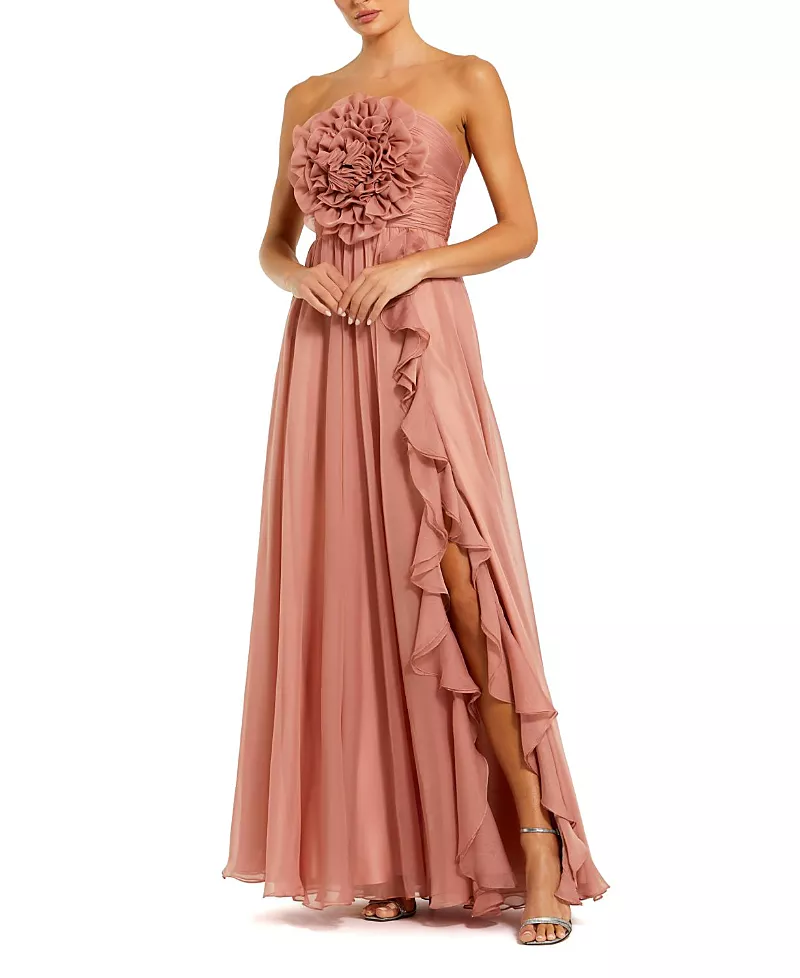 Mac Duggal Strapless Chiffon Gown With Oversized 3D Flower