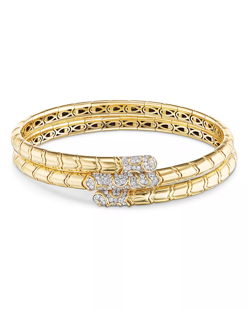Marina B Titanium & 18K Yellow Gold Ondine Diamond Triple Row Bypass Bangle Bracelet