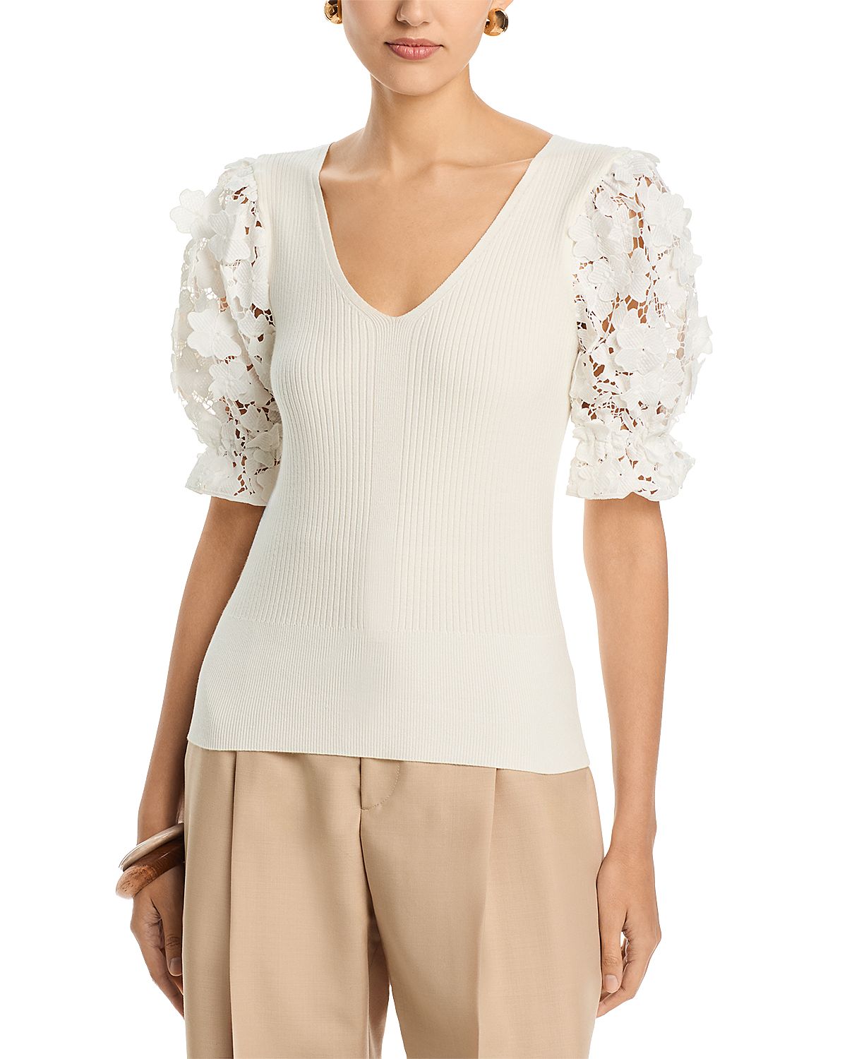 T Tahari Lace Puff Sleeve Top