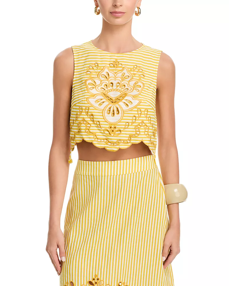 Farm Rio Striped Embroidered Top