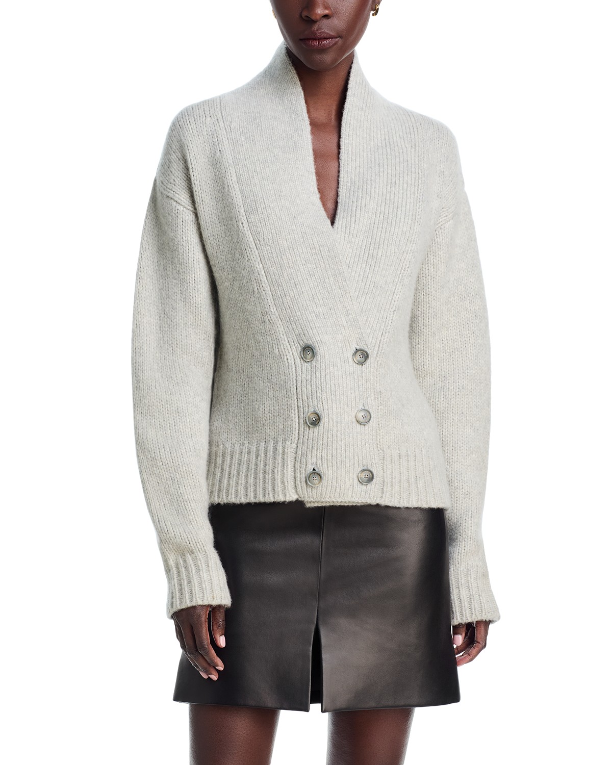 Brandon Maxwell The Lowen Cashmere Silk Knit Double Breasted Shawl Cardigan in Cloud Grey