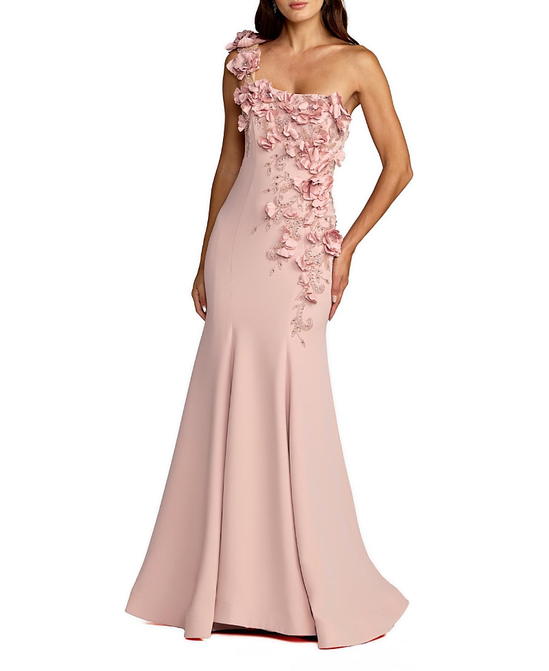 Mac Duggal Crepe One Shoulder Floral Embellished Mermaid Evening Gown
