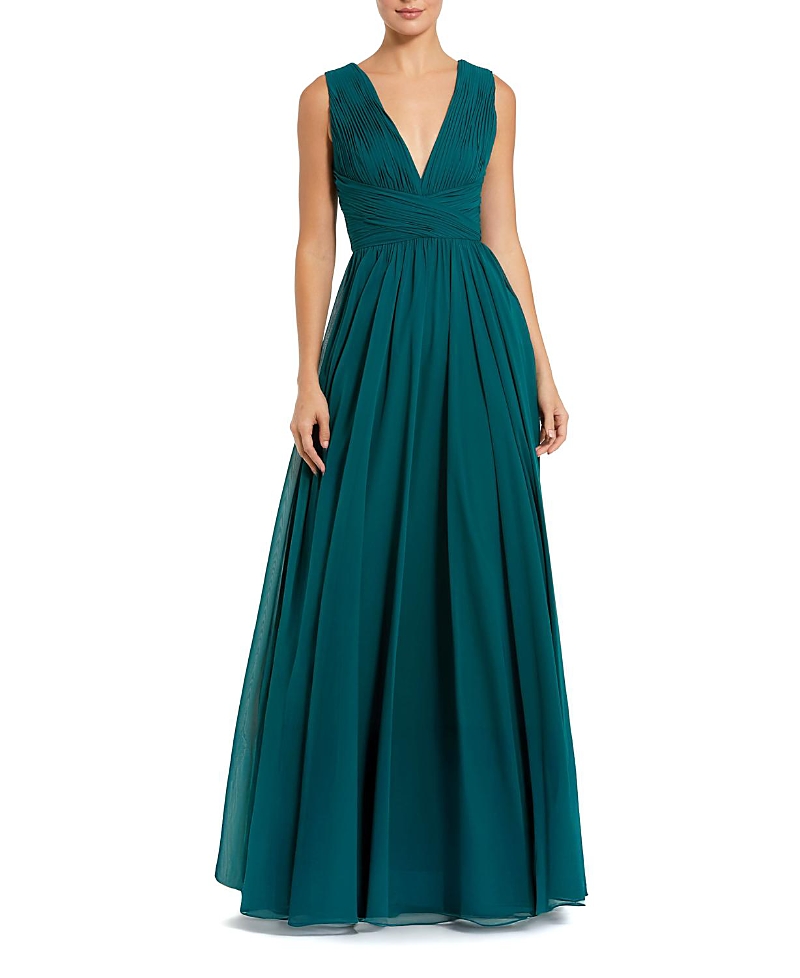 Mac Duggal Sleeveless Ruched V Neck Chiffon Gown