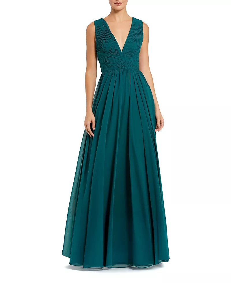 Mac Duggal Sleeveless Ruched V Neck Chiffon Gown