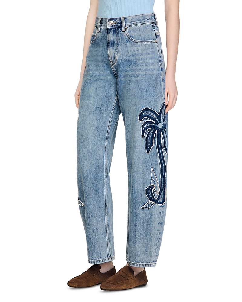 Sandro Palm Embroidered Wide Leg Barrel Jeans in Blue Jean