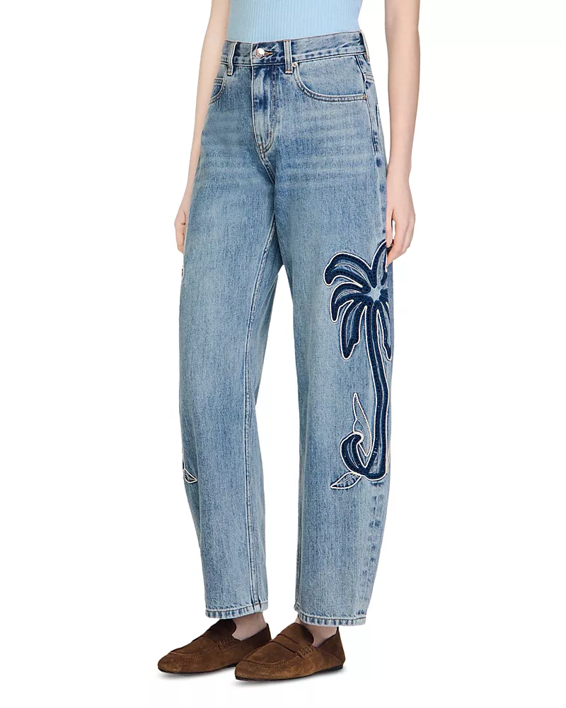 Sandro Palm Embroidered Wide Leg Barrel Jeans in Blue Jean