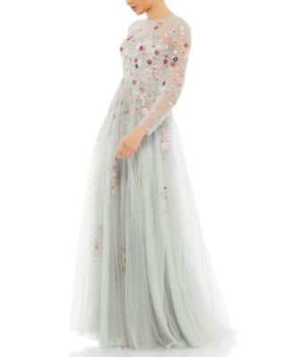 Embroidered Illusion High Neck Long Sleeve A Line Gown