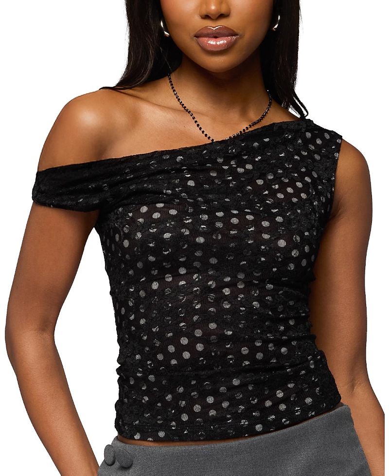 Edikted Off Shoulder Lace Polka Dot Top