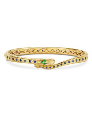 18K Yellow Gold FJ Blue Sapphire, Tsavorite & Diamond Serpent Bangle Bracelet