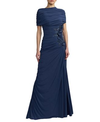  Embellished Jersey Draped Column Gown
