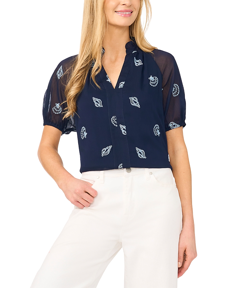 CeCe Ruffle Neck Embroidered Seashell Blouse