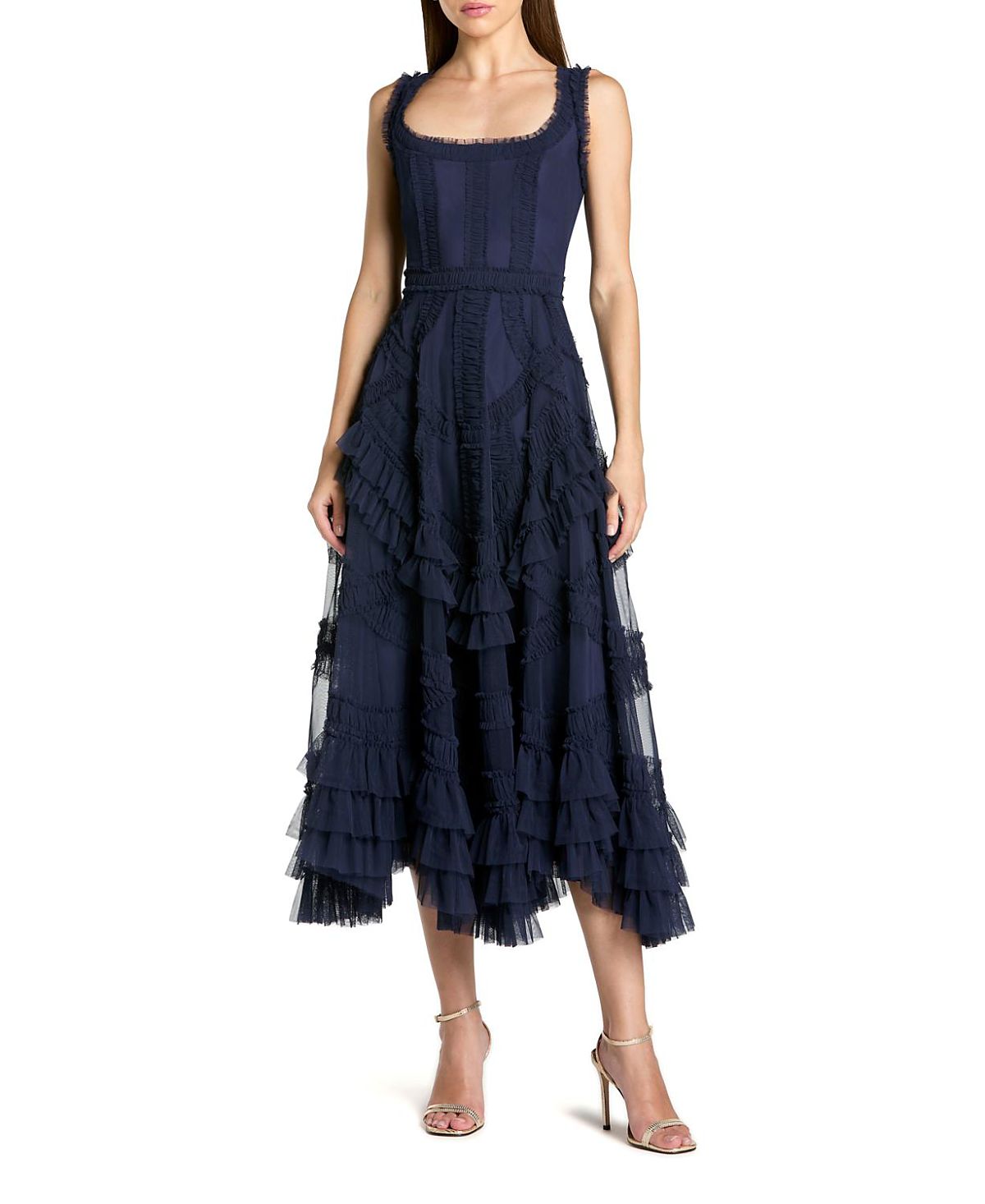 Mac Duggal Scoop Neck Sleeveless Mesh Micro Ruffle Midi Dress