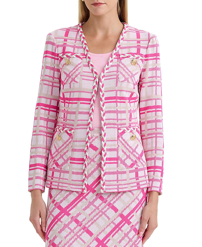 Ming Wang Braided Trim Plaid Knit Jacket
