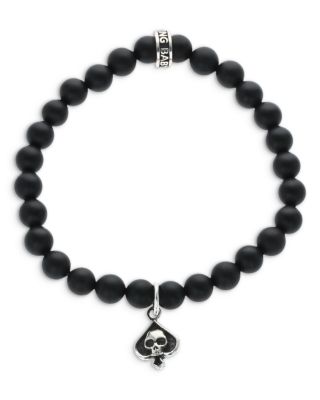 Sterling Silver High Roller Club Onyx Bead Micro Skull Spade Card Suit Charm Bracelet