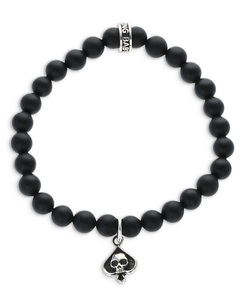 King Baby Studio Sterling Silver High Roller Club Onyx Bead Micro Skull Spade Card Suit Charm Bracelet