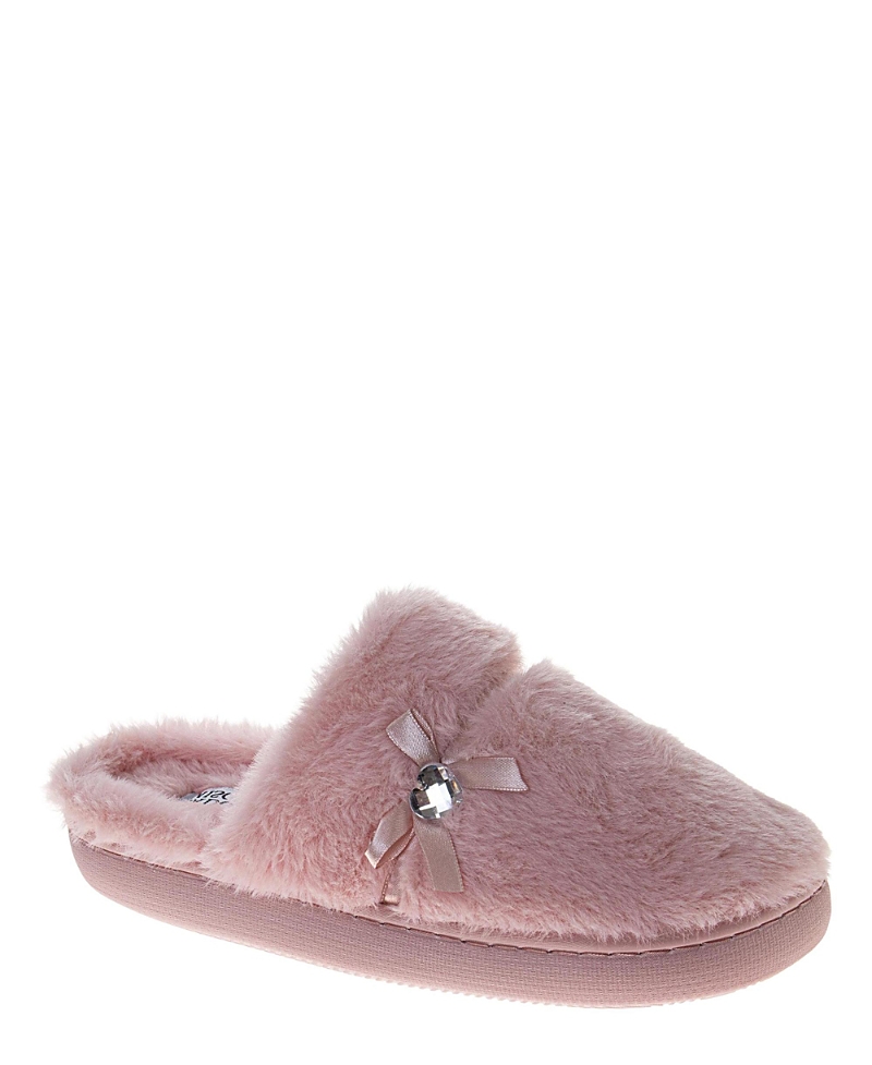 Badgley Mischka Women's Fuzzy Bow and Gemstone Detail Slippers