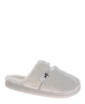 Badgley Mischka Women's Fuzzy Bow and Gemstone Detail Slippers