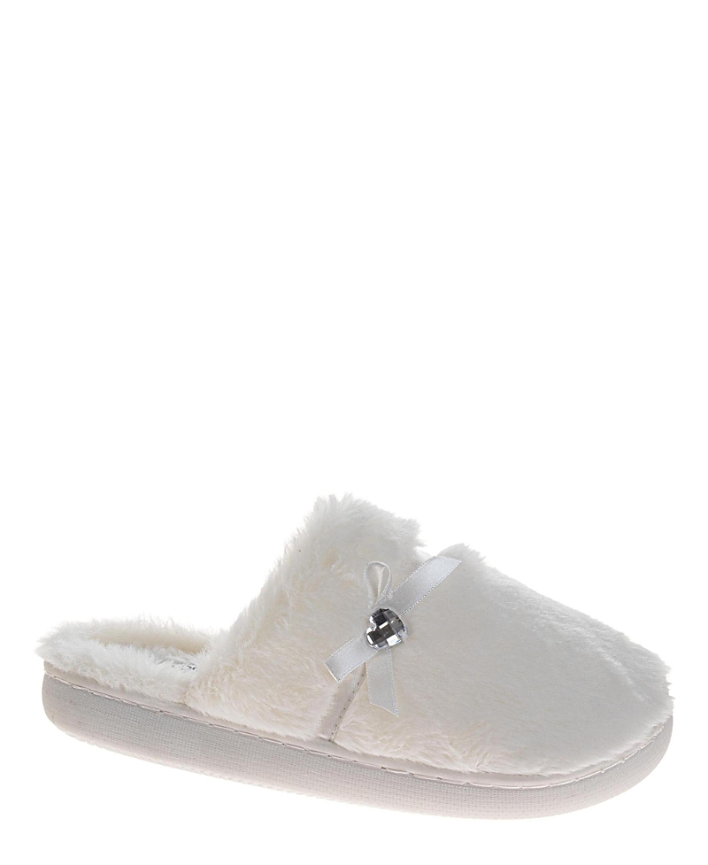 Badgley Mischka Women's Fuzzy Bow and Gemstone Detail Slippers