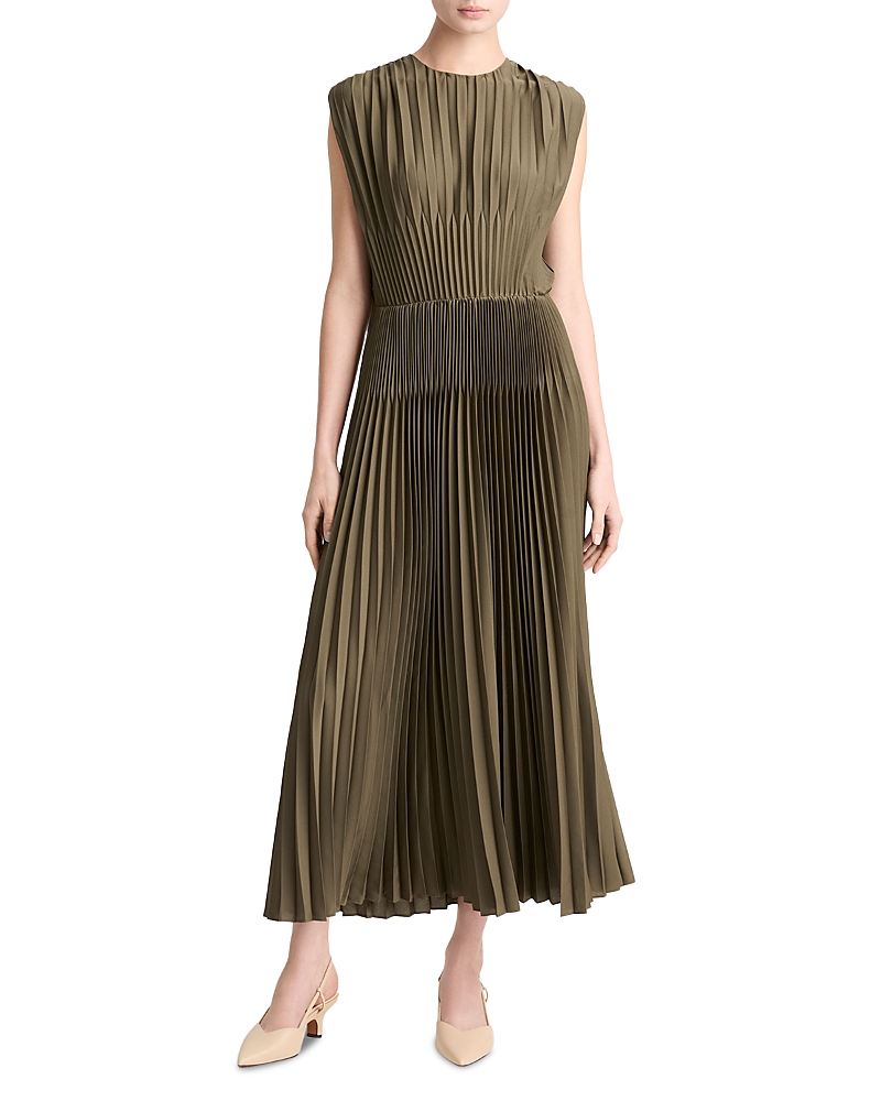 Vince Chevron Pleated Round Neck Dress