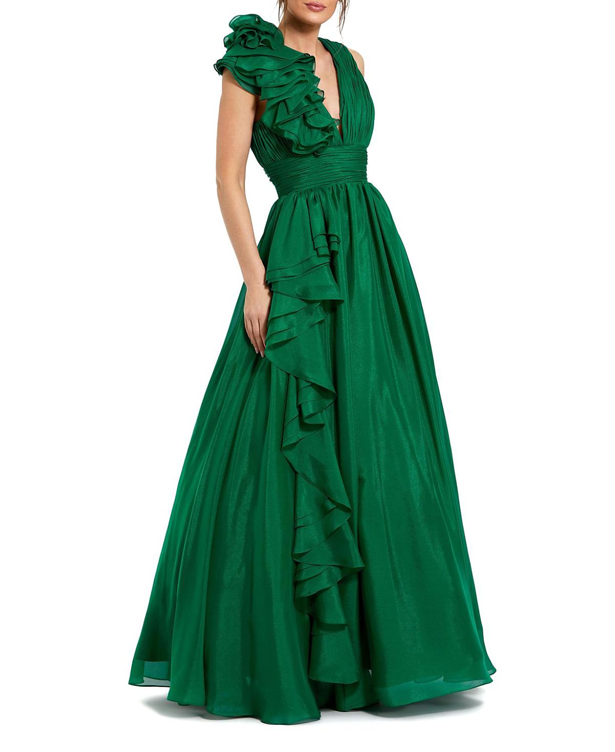 Mac Duggal Petite Ruffle Shoulder V-Neck Chiffon Gown