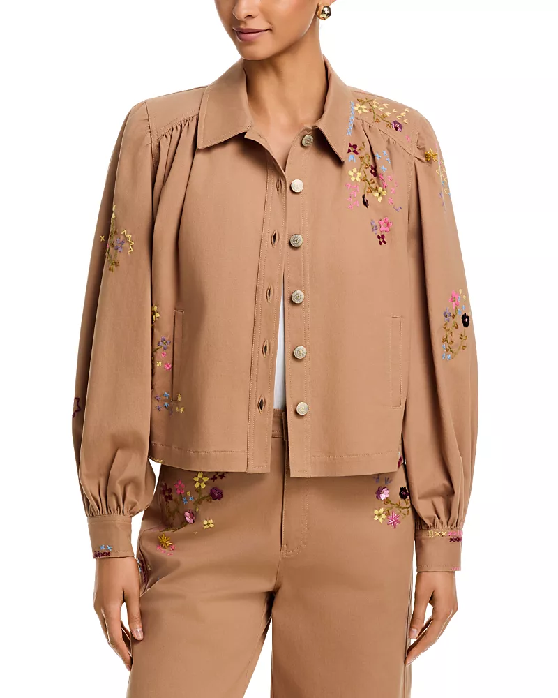 Cinq a Sept Wildflower Embroidered Lyla Jean Jacket in Sandstone