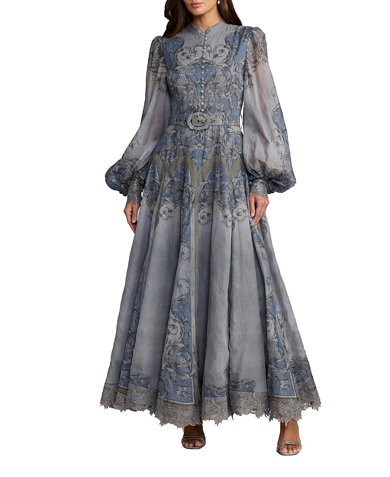 Mac Duggal Petite Printed Cotton Bishop Sleeve A Line Ankle Dress
