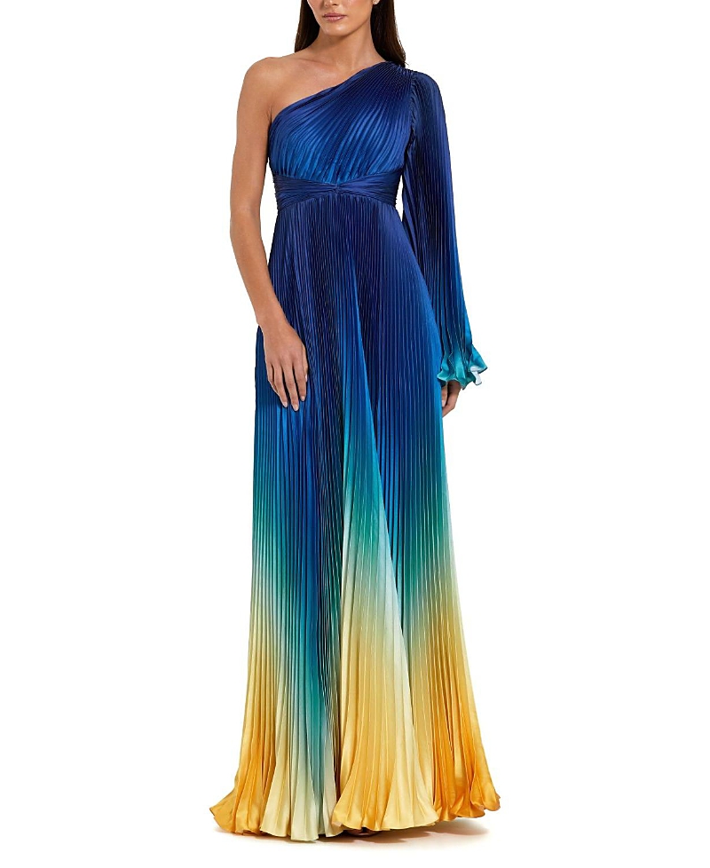 Mac Duggal Petite Pleated Charmeuse One-Shoulder Ombre Gown with Flared Sleeve