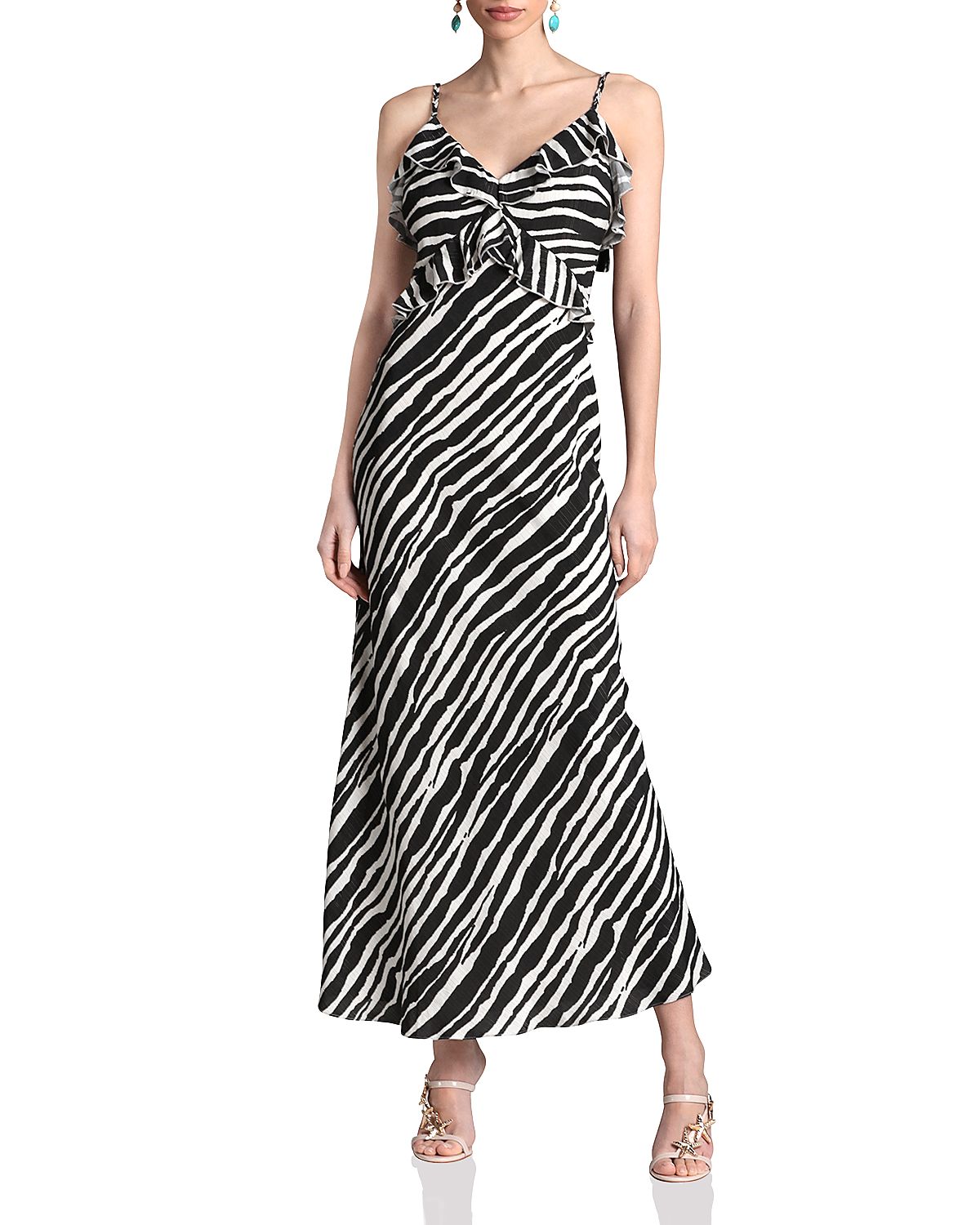 Avec Les Filles Zebra Print Braided Strap Ruffle Maxi Dress