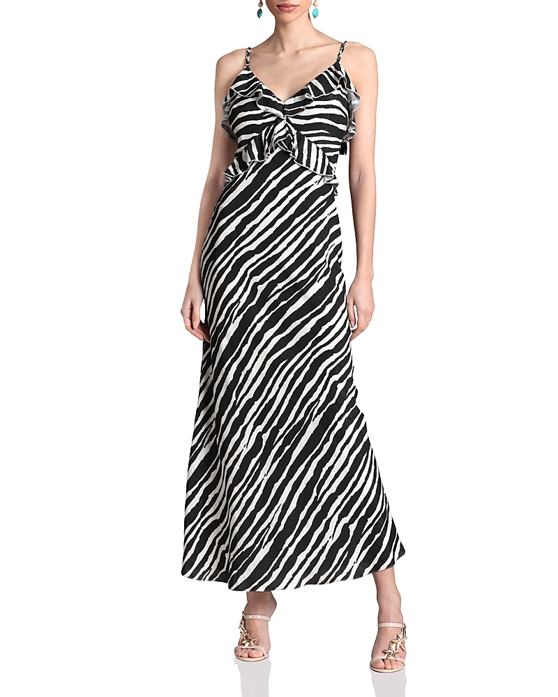 Avec Les Filles Zebra Print Braided Strap Ruffle Maxi Dress