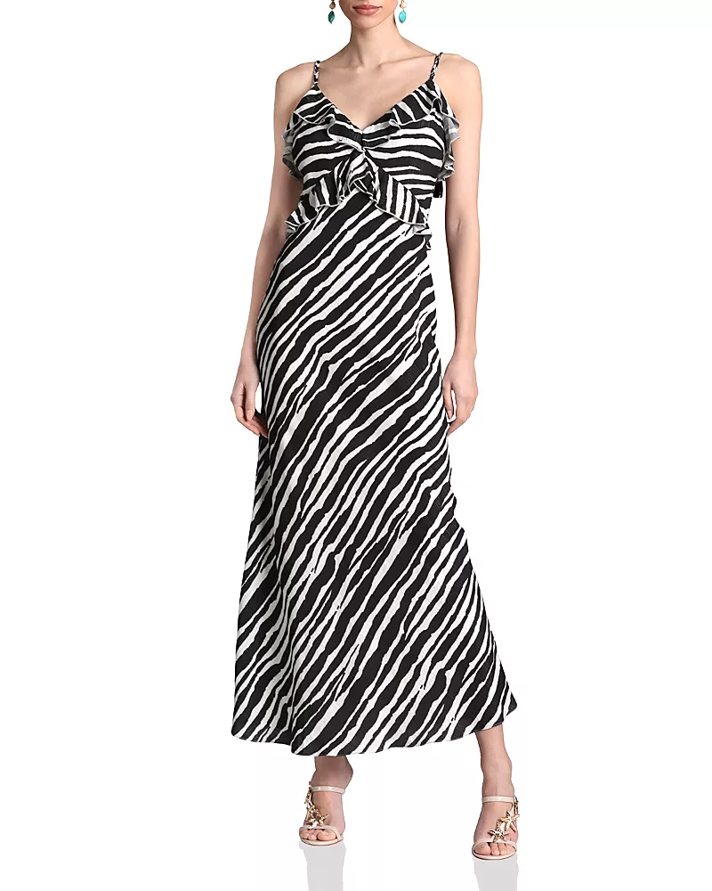 Avec Les Filles Zebra Print Braided Strap Ruffle Maxi Dress