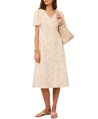  Women's Jacquard Puff Sleeve Midi Dress