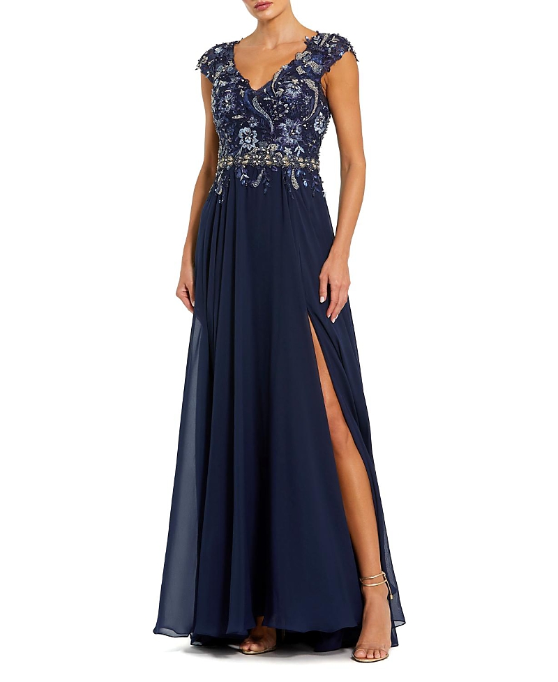 Mac Duggal Embellished Cap Sleeve Bodice Flowy Gown