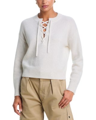 100% Cashmere Drop Shoulder Lace Up Sweater - Exclusive