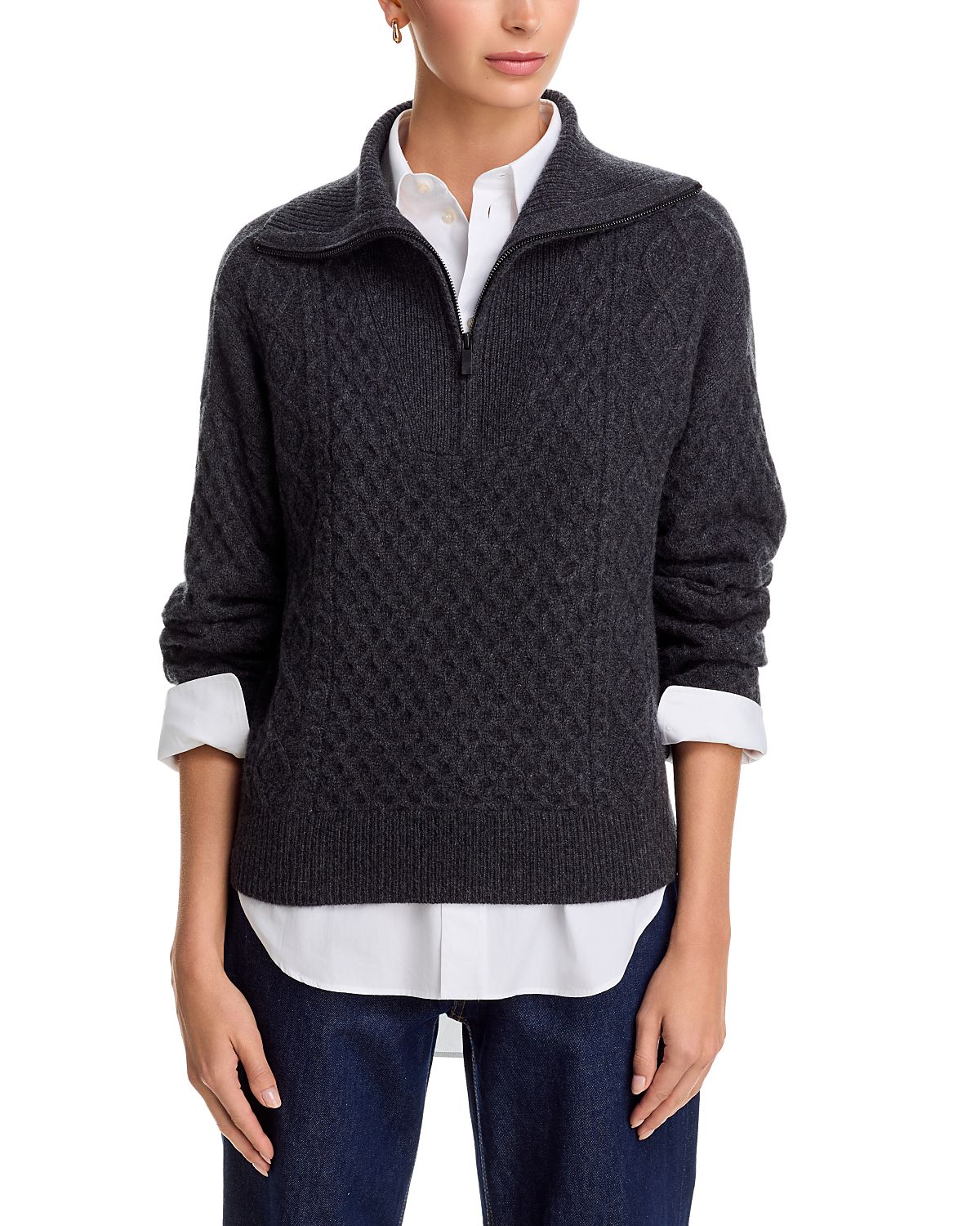 C by Bloomingdale's Cashmere Quarter Zip Cable Knit Sweater - Exclusive