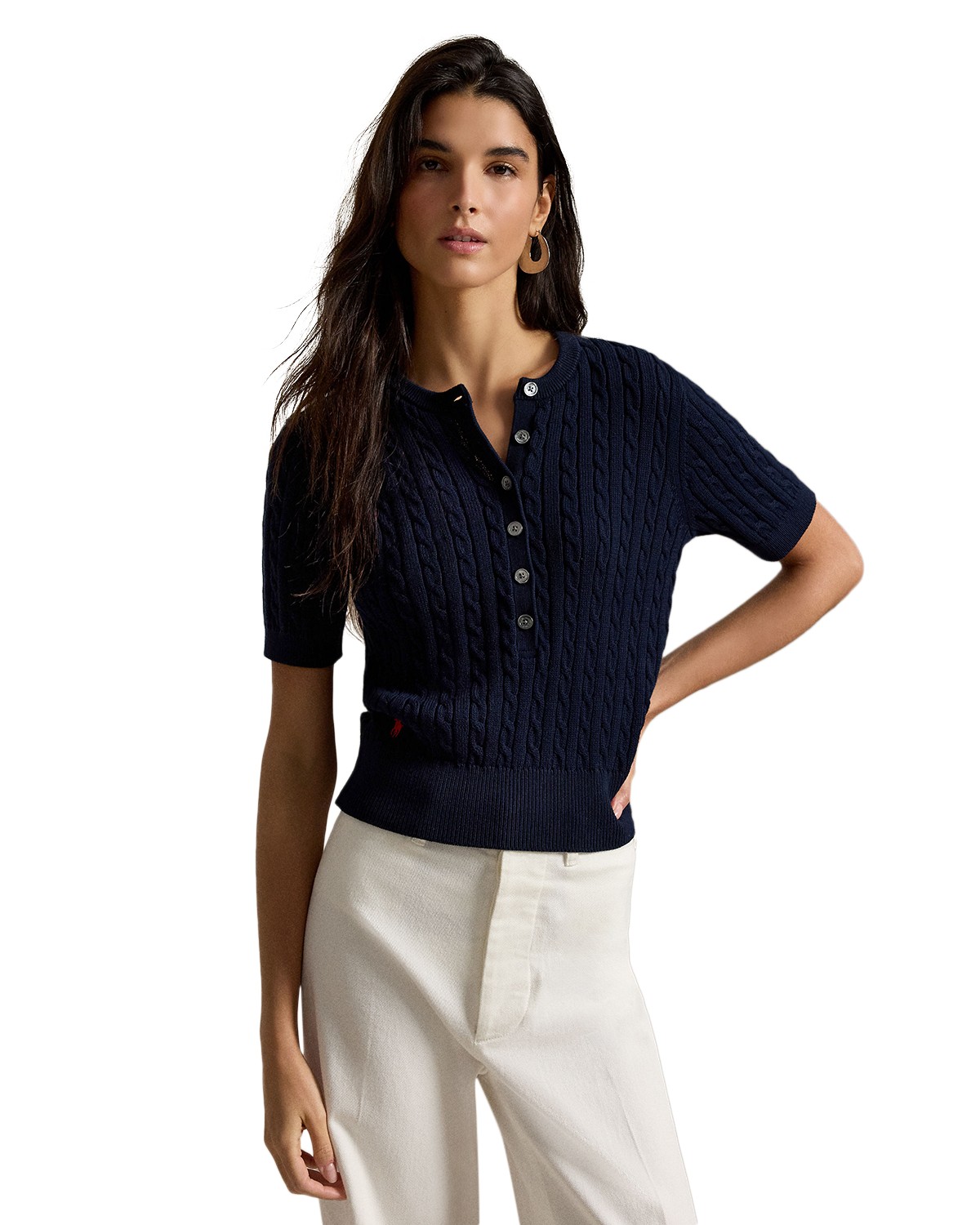 Mini Cable Short Sleeve Henley Sweater