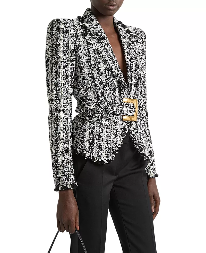 Balmain Two-Tone Tweed Belted Jacket
