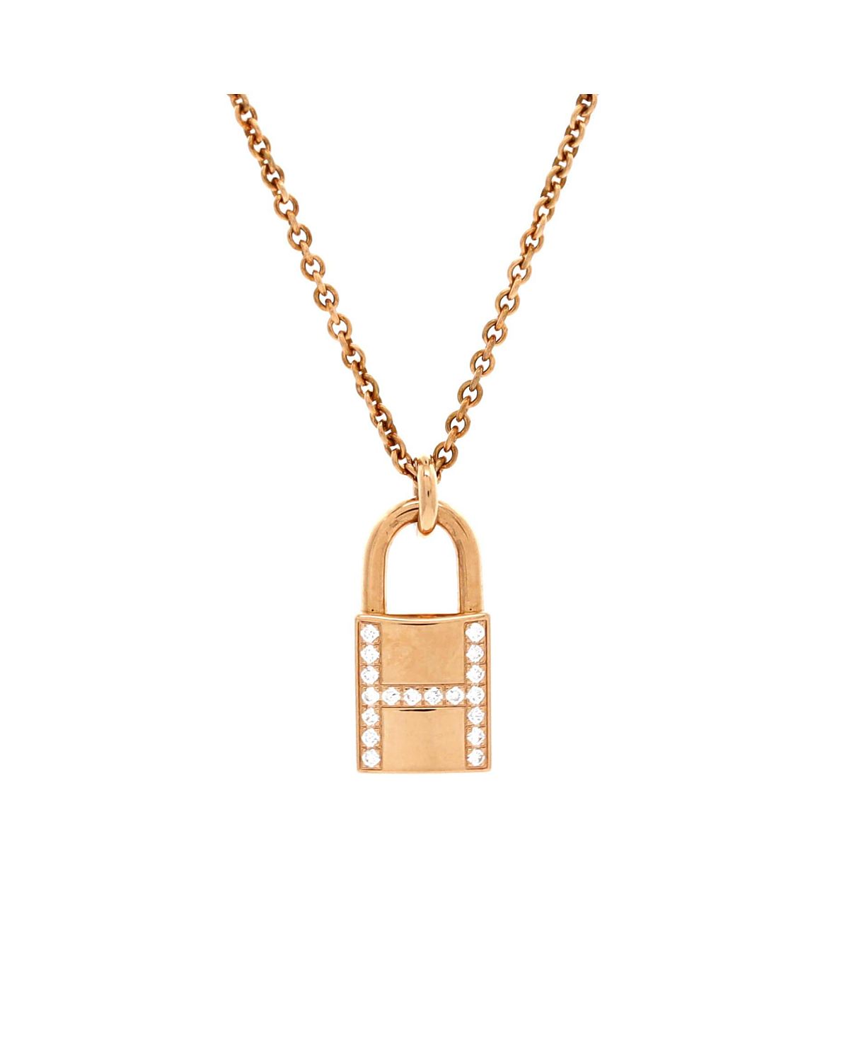 Pre-Owned HERMES Amulettes Cadenas Pendant Necklace 18K Rose Gold with Diamonds, 15.75