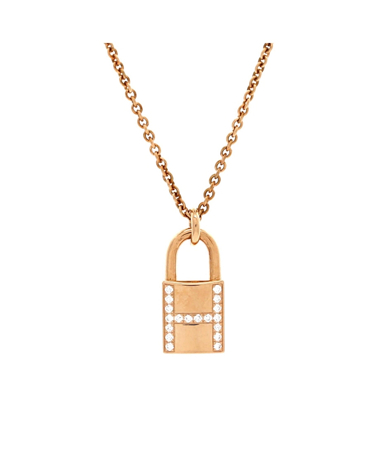 Pre-Owned HERMES Amulettes Cadenas Pendant Necklace 18K Rose Gold with Diamonds, 15.75