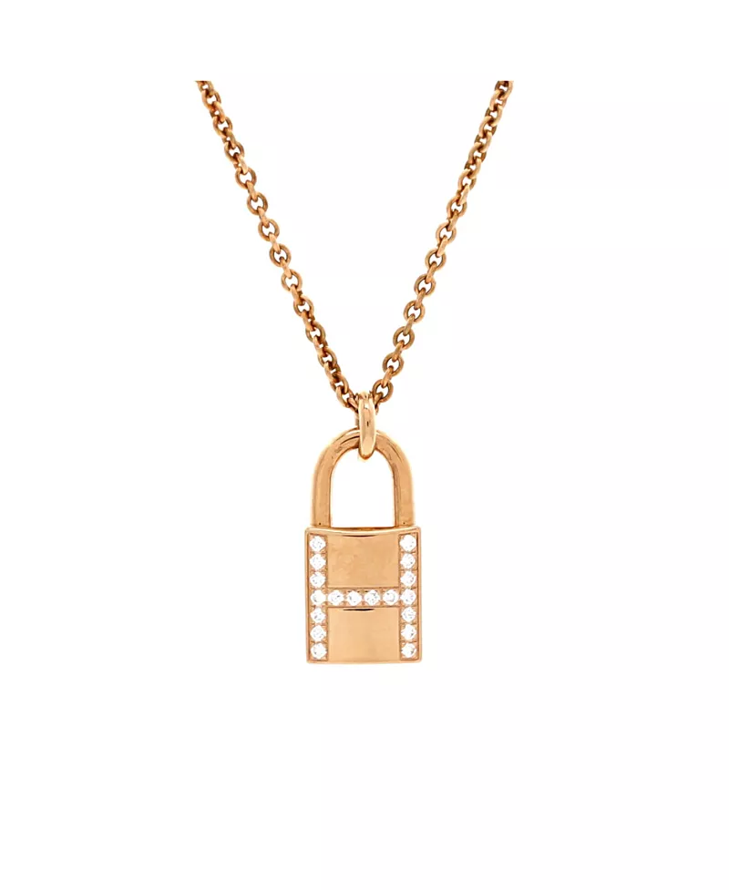 Pre-Owned HERMES Amulettes Cadenas Pendant Necklace 18K Rose Gold with Diamonds, 15.75