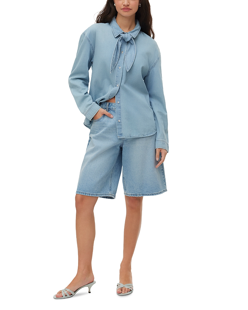 Vero Moda Woven Bow Top in Medium Blue Denim