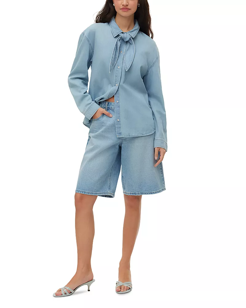 Vero Moda Woven Bow Top in Medium Blue Denim